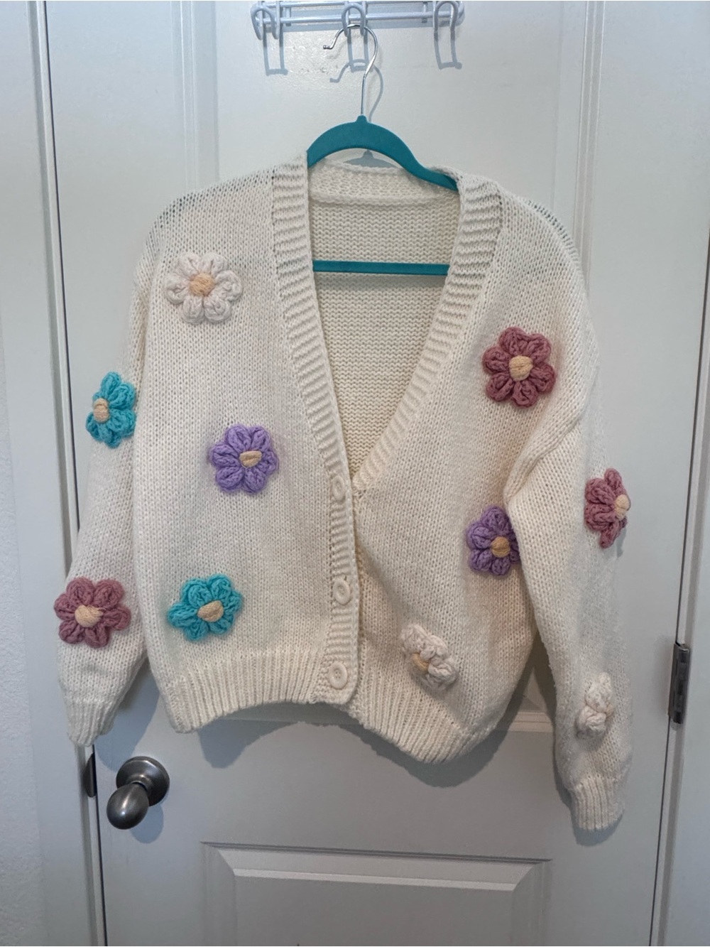 Cream Floral Appliqué Knit Cardigan Sweater